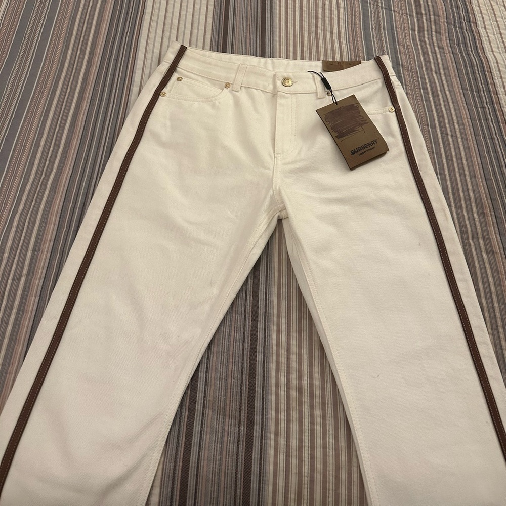 [SOLD] Burberry White Leather-Trim Jeans